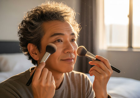 A man is applying makeup with brushes in a bright, natural-light room. He appears to be engaged in a self-care routine, showcasing a modern and personal expression.の素材
