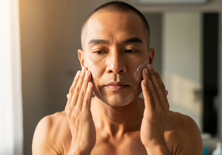 A bald man with a serious expression gently touches his face, seemingly lost in thought. The lighting highlights his skin texture and conveys a sense of introspection and self-awareness.の素材