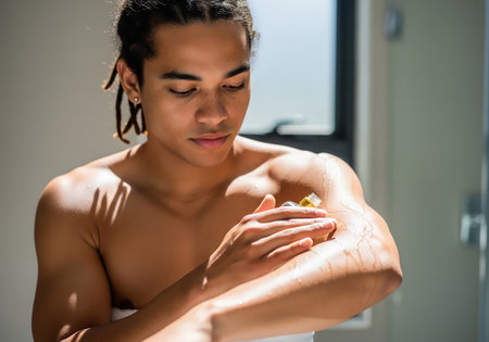 A shirtless young man with dark hair, eyes closed, gently massages lotion into his arm, suggesting a moment of self-care and relaxation in a modern bathroom setting.の素材