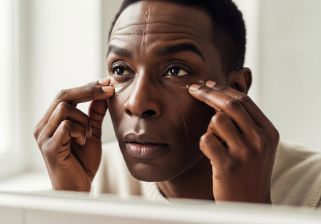 A man intently examines his face, possibly concerned about wrinkles or skin condition. The image conveys introspection and a focus on personal appearance and aging.の素材