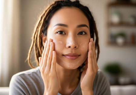 A close-up portrait of a young woman with dreadlocks, softly touching her face with a serene expression, likely engaged in a skincare ritual or self-care moment.の素材