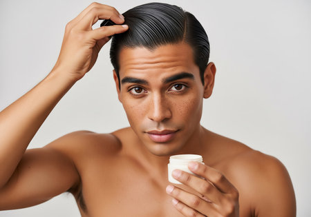 A shirtless man with receding hairline examines his head, holding a small container of cream, likely a hair loss treatment. He appears thoughtful and slightly worried.の素材