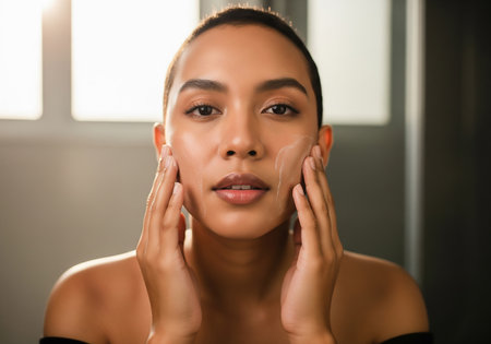 A close-up portrait of a young woman with short hair, gently touching her face, seemingly inspecting her skin with a focused and contemplative look. Natural light illuminates her features.の素材