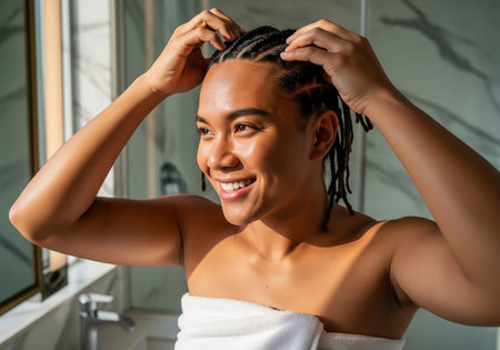 A happy man with locs is styling his hair in a bathroom, looking directly at the camera with a genuine smile. He appears relaxed and self-assured.の素材