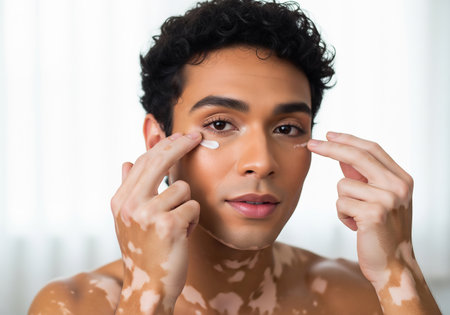 Close-up portrait of a young man with vitiligo gently applying cream around his eyes, showcasing a self-care routine and embracing his skin condition.の素材