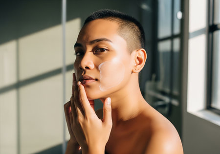 Close-up portrait of an individual with a shaved head, thoughtfully touching their chin, bathed in natural light, conveying introspection and confidence.の素材