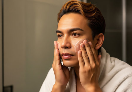 A man is carefully applying a cream or lotion to his face while looking in a bathroom mirror, demonstrating a skincare routine and self-care ritual.の素材