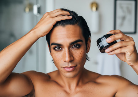 A shirtless man examines his hairline while applying a hair product, showcasing a grooming routine and focus on self-care in a modern bathroom setting.の素材