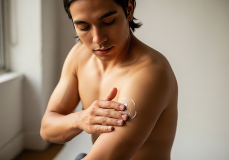 A shirtless man thoughtfully applies lotion to his arm, suggesting a focus on skincare, wellness, and personal grooming in a simple, modern setting.の素材