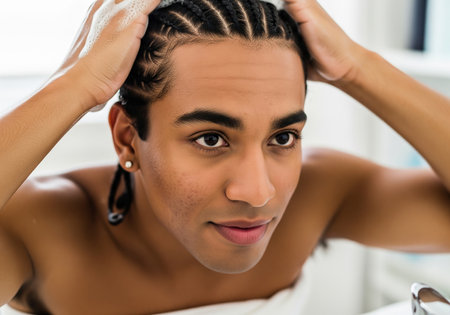 A man with dark hair styled in intricate braids is looking intently at his reflection in a mirror, seemingly checking his appearance with a thoughtful expression.の素材
