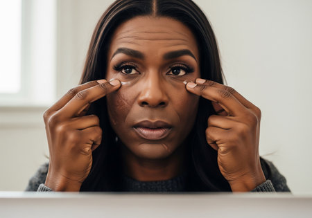 A close-up portrait of a woman with a concerned expression, gently touching the area around her eyes, highlighting dark circles and potential skin issues. She appears thoughtful and possibly stressed.の素材