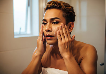 A young woman with short hair intently examines her face in a mirror, likely performing a skincare routine or assessing her skins condition. Natural light illuminates the scene.の素材