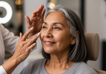 A woman with gray hair is receiving a facial treatment from a professional. She is smiling gently, looking upwards, and appears relaxed and content with the procedure.の素材