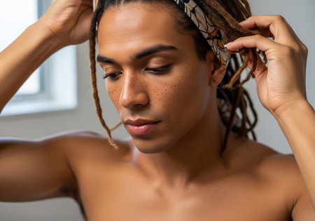 Close-up portrait of a shirtless man with intricate braided hair, carefully adjusting a patterned headwrap. He has a thoughtful expression, creating a sense of introspection and style.の素材