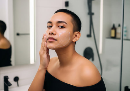 A young woman with a short haircut is applying moisturizer to her face while looking in the bathroom mirror. The scene suggests a self-care routine in a clean, contemporary bathroom.の素材