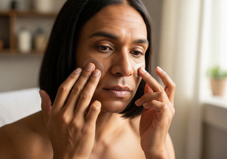 A woman with dark hair is applying a cream or serum to her face, likely as part of a skincare routine. She appears thoughtful and focused on the process, highlighting self-care.の素材