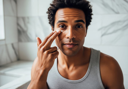 A young man is shown applying eye cream to his face, likely as part of a skincare or grooming routine. He appears focused and engaged in self-care.の素材