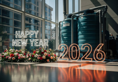Festive New Years display featuring Happy New Year and 2026 illuminated signage, complemented by a vibrant floral arrangement and large water storage tanks in the background, reflecting a modern, industrial aesthetic.の素材
