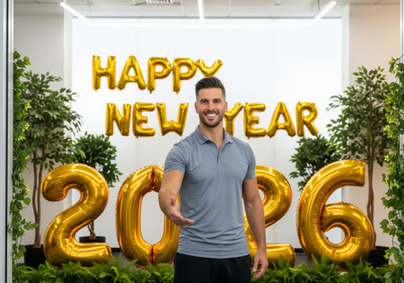 A smiling man extends his hand in a welcoming gesture, standing in front of large gold Happy New Year 2026 balloon decorations and lush greenery, creating a festive and optimistic atmosphere.の素材