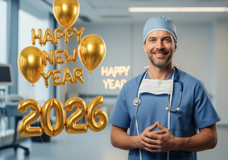 A smiling doctor in scrubs and a surgical cap celebrates the New Year 2026 surrounded by golden balloons and festive decorations in a hospital setting.の素材