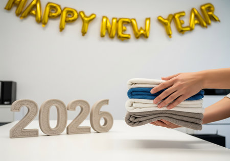 A desk scene with Happy New Year balloons and the year 2026 displayed, alongside a stack of papers being handled, suggesting office preparations for the upcoming year.の素材