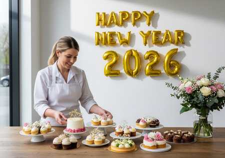 A smiling baker arranges a delightful assortment of cakes and pastries on a wooden table, decorated with Happy New Year 2026 gold foil balloons and a vibrant floral bouquet, creating a celebratory atmosphere.の素材