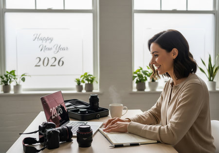A woman is focused on her work at a desk filled with photography gear, with a Happy New Year 2026 message on the window behind her.の素材