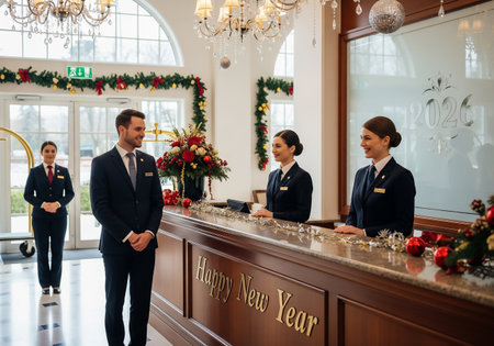 A well-dressed man checks in at a hotel reception decorated for the New Year, with attentive staff assisting him in a luxurious lobby.の素材