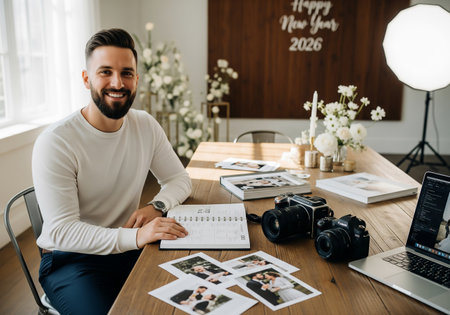 A bearded man, likely a photographer, sits at a desk reviewing photo prints and working on a laptop in a bright, cozy home studio setting. New Year decorations are visible.の素材