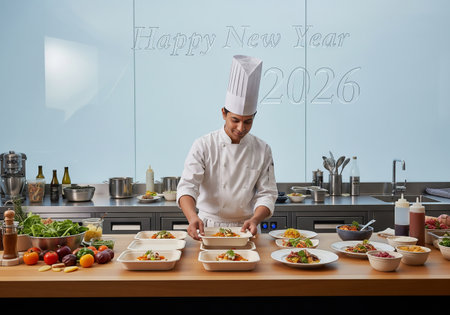 A professional chef meticulously arranges food on plates in a bright, contemporary kitchen setting. Focus is on culinary artistry and presentation.の素材