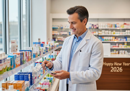 A pharmacist in a white coat is carefully examining and organizing medication bottles on a shelf within a well-lit pharmacy. A Happy New Year 2026 sign is visible.の素材