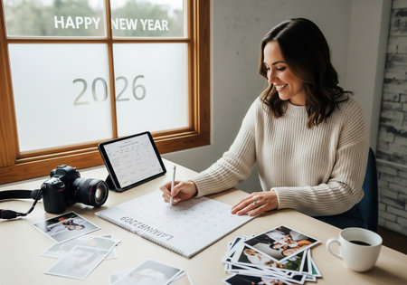 A woman sits at a desk near a window with Happy New Year 2026 written on it, thoughtfully planning in a notebook surrounded by photos and a tablet.の素材