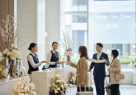 A well-lit hotel lobby scene showing staff assisting guests with check-in. Luggage is present, and the atmosphere appears professional and inviting.の素材