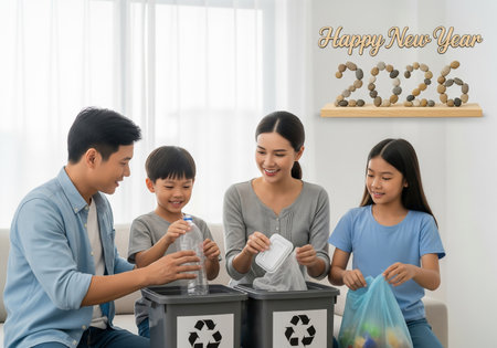 A family of four is happily sorting recyclable materials into bins indoors, celebrating the New Year with a 2026 decoration visible in the background.の素材