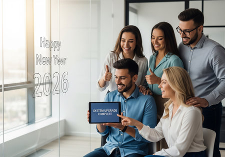 A group of diverse office workers joyfully celebrate the New Year, taking a selfie with a tablet displaying a festive message. They appear happy and connected.の素材