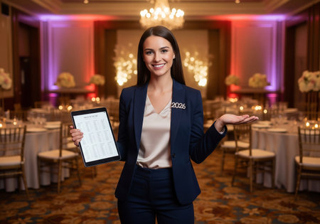 A professional event planner stands in a decorated ballroom, holding a tablet and gesturing towards the event space, showcasing event details or layout.の素材