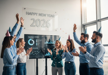 A group of diverse office workers celebrate the arrival of 2026 with raised hands and party hats, in front of a data display.の素材