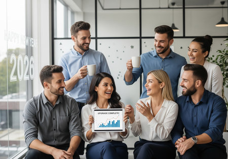 A group of diverse professionals gather in a modern office, enthusiastically reviewing data displayed on a tablet, fostering teamwork and success.の素材