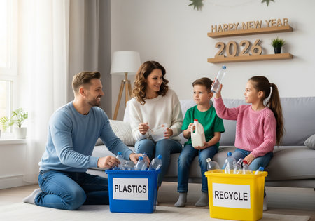A family of four is engaged in sorting plastic and recyclable materials at home, promoting environmental awareness and responsible waste management.の素材