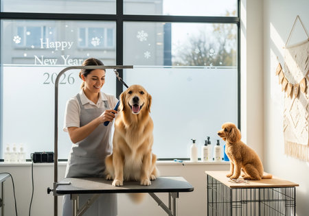 A professional groomer brushes a golden retriever on a grooming table while a smaller dog waits patiently in the background. Bright, clean salon environment.の素材