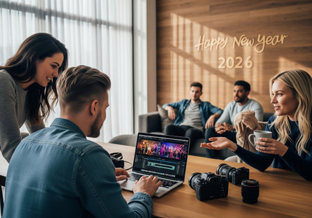 A group of professionals are gathered around a table, reviewing video footage on a laptop. They appear to be in a collaborative work session, likely planning or editing a project for 2026.の素材