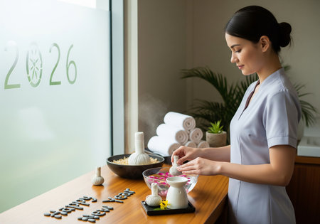 A spa therapist prepares for a treatment, arranging oils and tools on a wooden surface near a window with 26.09.26 written on it.の素材