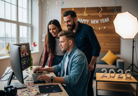 Three professionals intently review a photo on a computer screen, likely for New Years content. A studio setup with lighting and decorations is visible.の素材