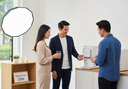 A business setting shows two men and a woman engaged in conversation, likely about a beverage, with a studio light visible in the background.の素材