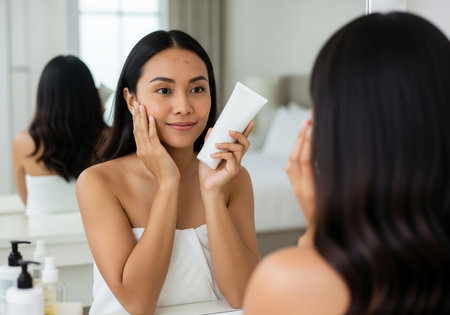 A young woman looks at her reflection in the mirror, gently touching her face while holding a skincare product. She appears to be assessing her skin.の素材