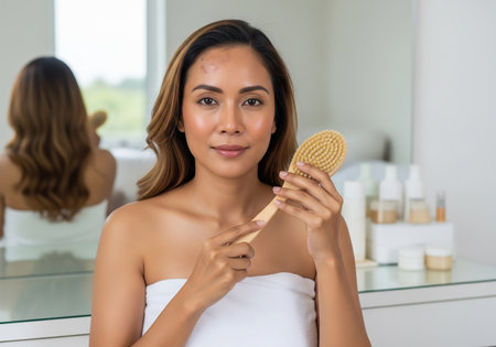 A woman in a white towel holds a facial massage tool, looking directly at the camera in a bright bathroom setting.の素材