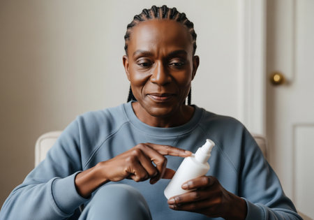 An older African American woman carefully examines a bottle of pills, appearing thoughtful and focused on her health management.の素材