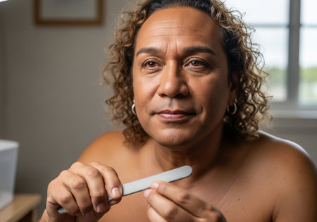 A portrait of an Indigenous Australian man with curly hair, focused on the act of filing his nails with a white emery board. He looks thoughtfully into the distance.の素材