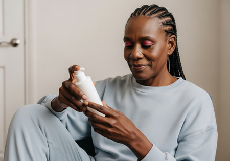 An elderly African American woman sits indoors, thoughtfully inspecting a white prescription medication bottle. She appears focused and concerned.の素材