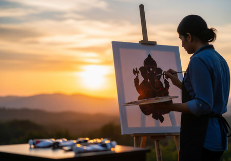 A painter creates a silhouette of the Hindu deity Ganesha against a vibrant sunset backdrop, capturing a moment of artistic expression and spiritual connection.の素材